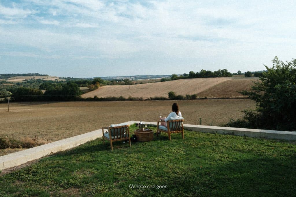 The garden at Plates Farm hotel, looking out towards the rolling countryside