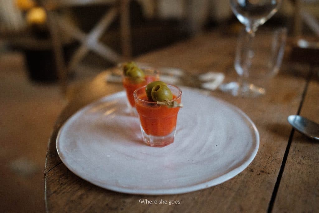 Two shot glasses of gazpacho at Plates Farm Hotel