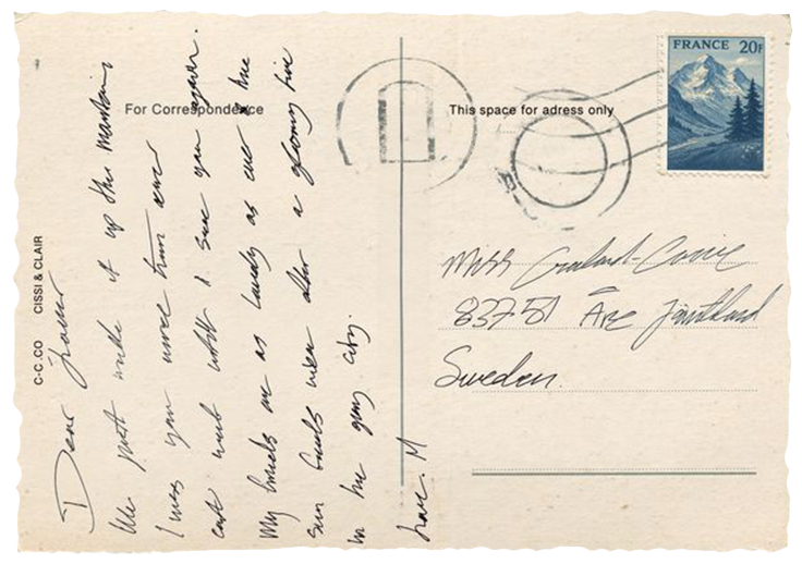 The back of the postcard: handwritten message, address, stamp and postmarks